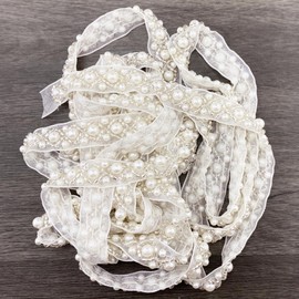 BETITETO 3Yards Pearl Beaded Trim Lace Ribbon Trimming Edge Embellishments for Sewing Bridal Dress Party Clothes Wedding Decoration Fabric Crafts DIY (Ivory Ribbon)