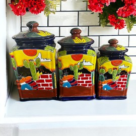 Talavera Kitchen Canister Set of 3, Handmade Desert Ponchito Style. Sleeping man Canister Set