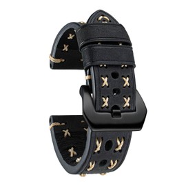 BINLUN Leather Watch Strap for Men, Retro Handmade Leather Watch Band 20/22/24/26MM for Women, Replacement Thick Vintage Watch Straps, Black/Black Buckle,22mm