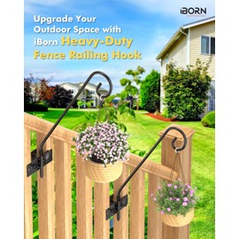 iBorn Fence Deck Hook Rail Hook Heavy Duty Bird Feeder Pole 13 Inch Solid Wire Deck Hanger Suitable for Hanging Flower Baskets Wind Chimes Planters Bird Feeders Lights, 180 Degree Swivel, 2 Pack