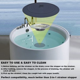 Huntonry 2PCS Bathtub Strainer Stopper Kit, Shower Drain Hair Catcher with Large Stopper, Bathroom Drain Cover, Hair Filter for Tub / Laundry, RV and Lavatory Sink Drain, Fit for 1.65" to 3.0"