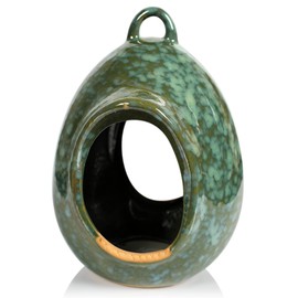 Byer of Maine Egg Fly Through Bird Feeder for Outside, Easy to Refill, High Fired Porcelain Stoneware with Glossy Glaze, 2lbs, Mottled Green, 8”x6”x7”