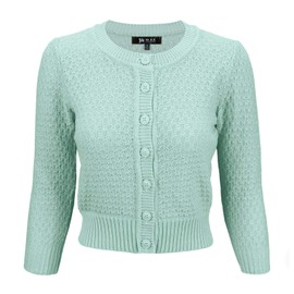 YEMAK Women's Cropped Cardigan Sweater – 3/4 Sleeve Crewneck Basic Classic Casual Button Down Soft Crochet Knit Top MK3514-AQA-2X