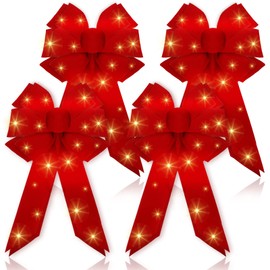 Set of 4 Lighted Christmas Tree Topper Bows Large Decorative Bow Ornaments with LED Light String and Pins for Holiday Winter Xmas Wreath Door Decorations Indoor Outdoor (Classic Style)