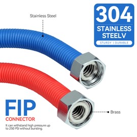 24inch Corrugated Water Heater Connector,1/2" FIP x 1/2" FIP,Flexible Water Line,Hot and Cold Color Water Heater Hose,Brass Nuts and 304 Stainless Steel pipe(2 Pack)