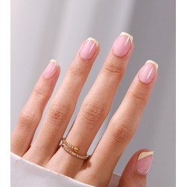 Butter Yellow French Tip Press on Nails - GJZEZ Soft Gel Short Square Cream Pastel Beige on Pink Glue on Nails, Natural Handmade Gloss Acrylic Fake Nail | 16 Sizes - 32 pcs Reusable Nails, Off Yellow