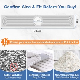 Walquicks Diatomite Faucet Absorbent Mat, 60cm×10cm Long Sink Splash Guard, Quick-Dry Diatomaceous Earth Countertop Protector for Kitchen & Bathroom, Non-Slip Drip Trays