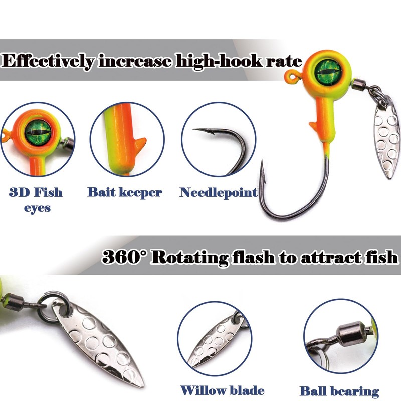 FishTrip Jig Heads Hooks with Spinner - 10Pcs Underspin Crappie