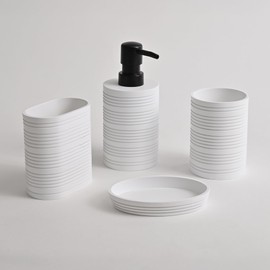 GORAL Set de Accesorios para Baño, 4 Piezas, Resina Premium con Textura de Líneas, Rombos, Incluye Dispensador, Vasos y Jabonera (Blanco 1)