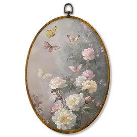 shiviody Vintage Floral Canvas Wall Art Decor, Country French Gallery Wall Art, Antique Flower Nature French Botanical Oval Hanging Frame Prints Decorations for Living Room Bedroom Kitchen 8.6"x11.4"