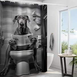 Reateforin Black Gray Great Dane Reading Newspaper on The Toilet Shower Curtain Cute Great Dane Funny Animal Bathroom Curtain Great Dane Animal in Toilet Shower Curtian Polyester Waterproof 72"x72"