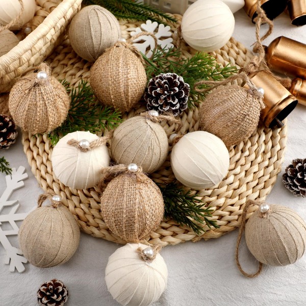 Syhood 12 Pcs Rustic Christmas Ball 2.36 Inch Neutral Farmhouse