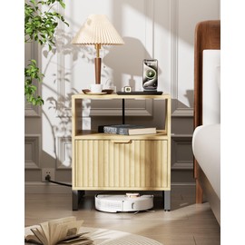 Fluted Night Stand with Charging Station, Wood Nightstand with Large Drawer and Open Storage Cabinet, Mid-Century Modern Bedside Table End Table for Bedroom Living Room Closet Office