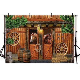 MEHOFOND 7x5ft Western Cowboy Backdrop Horse Hay Studio Portrait Photography Background Decor Vinyl Rustic Wooden Wall Green Trees And Stone Baby Shower Decorations Happy Birthday Party Photo Props