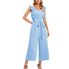 Lu's Chic - overol sin mangas con volantes para mujer, de lino, casual, sin espalda, espalda recortada, ajuste holgado, pierna ancha, Azul/claro, 8-10