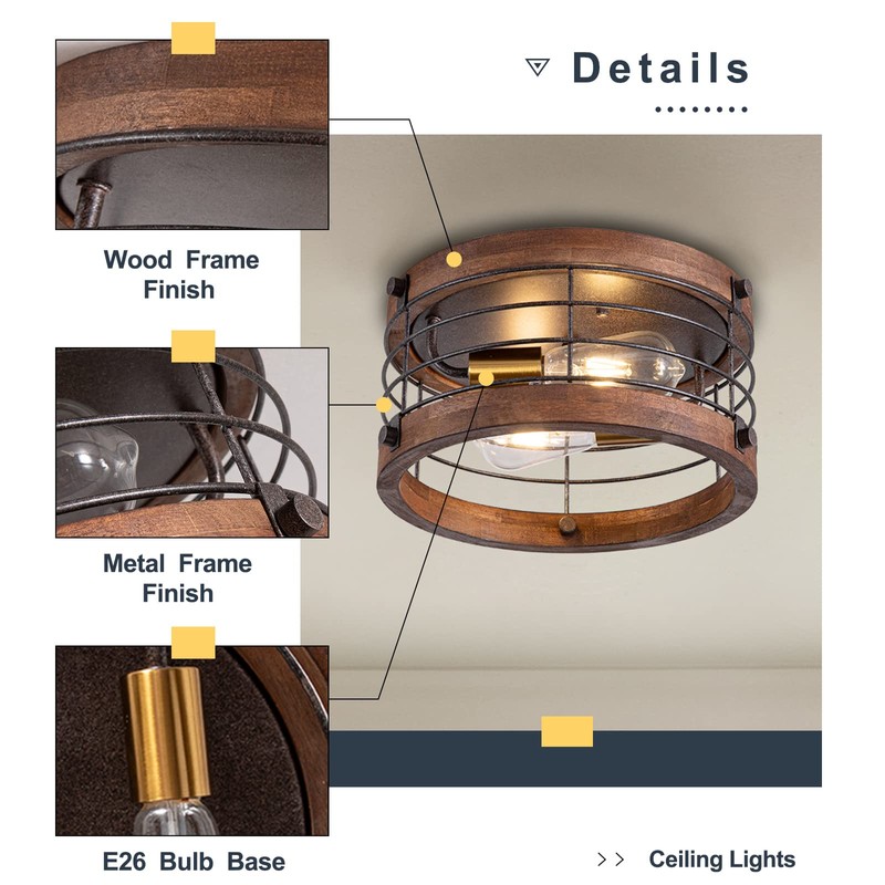 wochos Farmhouse Flush Mount Ceiling Light, 12.6 Inch 2-Light Metal
