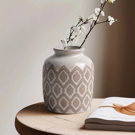 Boho Ceramic Vase, Rustic Farmhouse Pastoral Decor, Vintage Clay Vases for Bouquets, Pampas Grass and Fake Plants, Suitable for Home decor, Shelf, Dining Table, Living Room, Mantle, Bathroom, 6.1 Inch