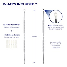 Oravix Tonsil Stone Remover Tool Pack of 2, Metal Tonsil Stone Removal Tool, 7’’ Surgical-Grade Stainless Steel Metal Pick with 10 Soft Silicone Tips, Fight Bad Breath, Safe & Easy