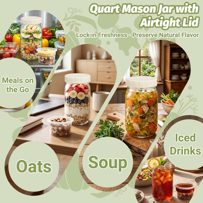 32oz Wide-Mouth Glass Salad Jars 2-Pack with Ivory Plastic Lids