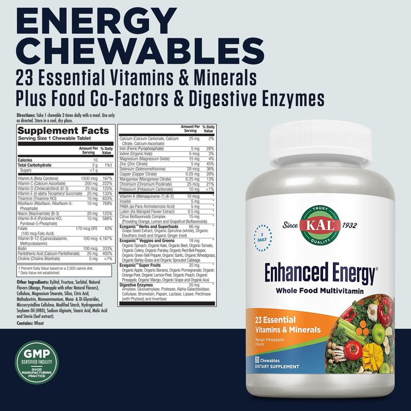 KAL Enhanced Energy Supplements, Whole Food Chewable Multivitamin with Iron,