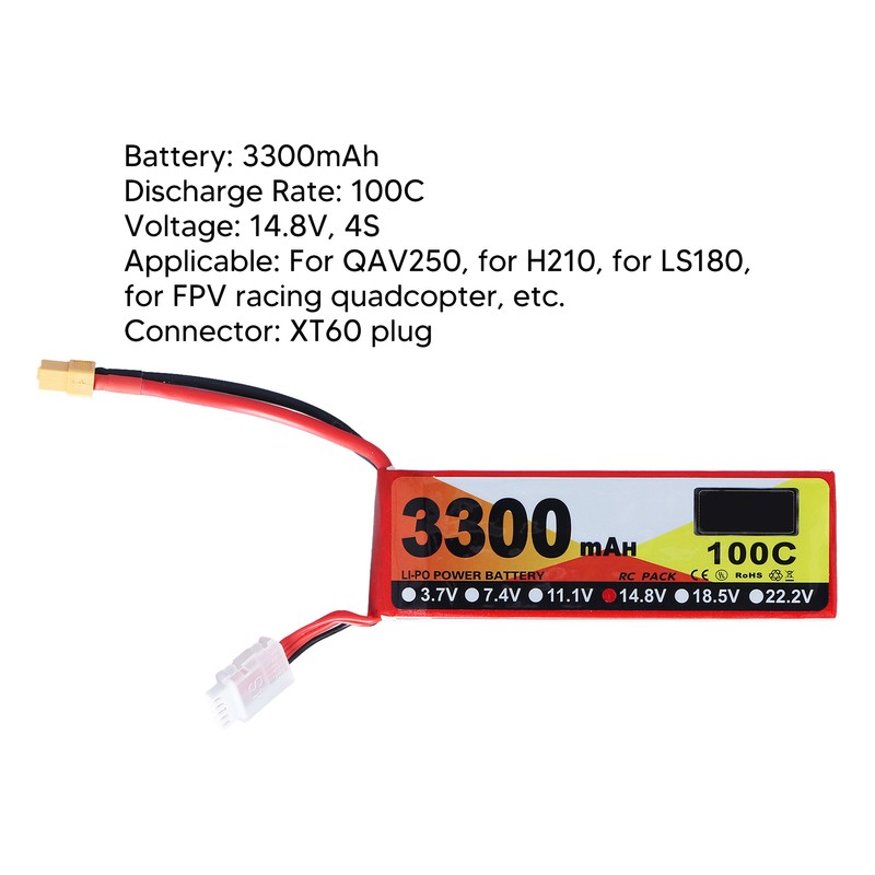 3300mAh Lipo Battery 100C Discharge Rate 14.8V 4S XT60 Plug