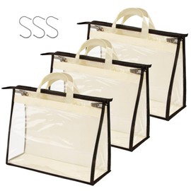 Vercord Clear PVC Handbag Dust-Free Cover Moistureproof Purse Storage Bag Organizer with Handle Zipper Space-Save Holder for Closet Beige L 3Pcs