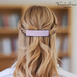 French Amie Fine 1" Wide Rectangular Celluloid Handmade Blush Pink with Black Edges Automatic Hair Barrettes for Women French Hair Clips