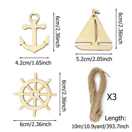 yueton 36PCS 3 Styles Nautical Themed Unfinished Wood Cutouts Wood Slices Wood Chips, Sailboat Rudder Anchor Wooden Cutouts, Wooden Hanging Ornaments, with 30 Meters Hemp Ropes