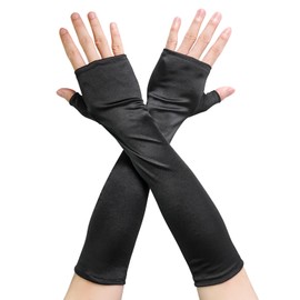 Luwint Long Fingerless Gloves, Women Satin Gloves Costume Elbow Length Sleeves for Dress Opera Party (Black)