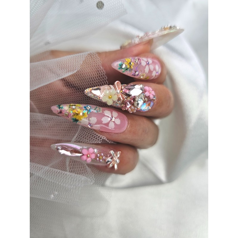 ❣️ Stancil flower handmade nail tip ✨ - Short ballerina