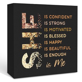 KFXHANGD Black Gold She Is Me Wooden Box Sign Desk Decor, Inspirational Decorative Signs Decor for Office Bedroom, Postive Affirmations Home Shelf Desk Decor, Inspirational Desk Decor 5x5 Inch