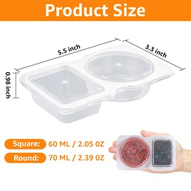 Double Compartment Condiment Containers with Lids, 2024 New Disposable 2 Compartment Snack Containers, Portion Cups Reusable Plastic Snack Container for to-go Sauce, Sampling, Travel Snack - 32 Set