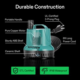 VIVOSUN 260GPH 20W Submersible Water Pump for Fish Tank, Pond, Aquarium, Hydroponic Systems with 6ft Power Cord and 3 Outlet Adapters, Blue