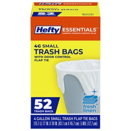 Hefty Essentials Flap Tie 4 Gallon Trash Bags, 52 Count, Small Scented Trash Bags for Bathrooms, Bedrooms, Dorm Rooms, Home Offices, and More, Fresh Linen Scent, White