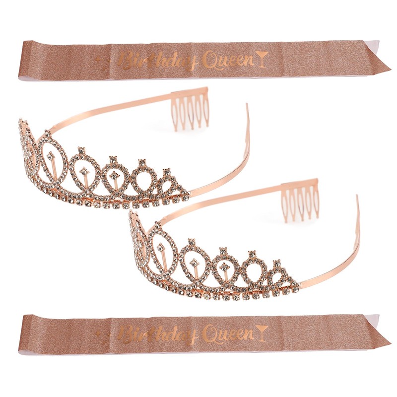 2 Sets Bridal Sash Rhinestone Tiara Kit Shiny Rose Gold