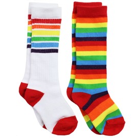 juDanzy Knee High Tall Baby, toddler & kids Socks With Arch Support (12-24 Months, White with rainbow & Rainbow Stripe)