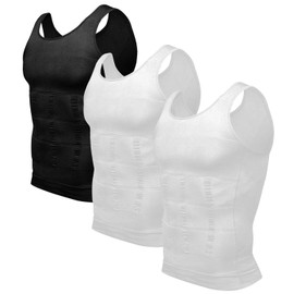 Odoland Men's 3 Pack Body Shaper Base Layer Shirt Tummy Shirt, Black/White/White, XXL, CL0128XXL