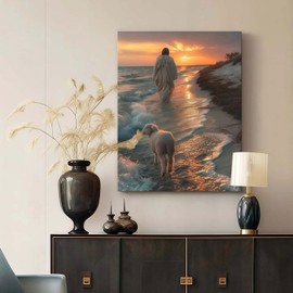 Framed Canvas Jesus and the Lamb Walking on the Beach Wall Decor Wall Art Gallery Decor Unique Print Wall Decor for Living Room Bedroom Church Home Decor 12x16 Inch Ready to Hang