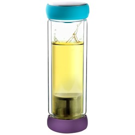 Asobu Twin Lids Double Wall Glass Tea Bottle, Teal/Plum