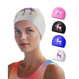 Swimming Cap for Women - Soft, Elastic, Non-Slip, Stylish, Comfortable (White Deer)