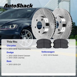 AutoShack Rear Drilled & Slotted Brake Rotors Ceramic Brake Pads | Replacement for Dodge Grand Caravan Journey Chrysler Town & Country Ram C/V | Zinc Coated | 6-PC Brake Kit | SilverShield Pro