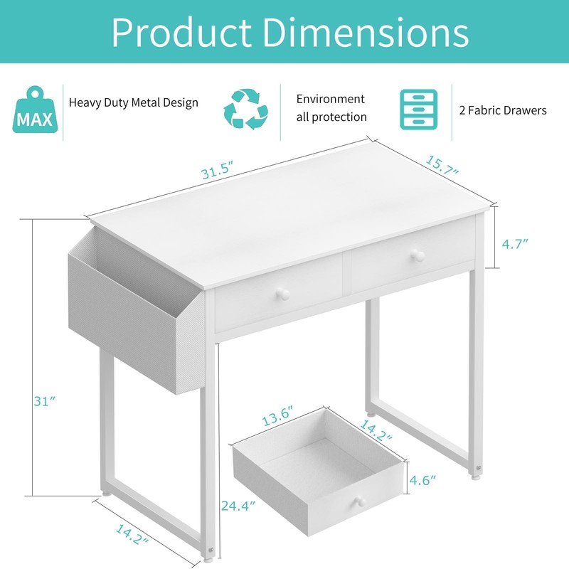 Lufeiya Small White Kids Desk with Drawers for Bedroom, 32