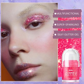 DAGEDA Roll-on Body Glitter Gel, Rave Accessories Face Glitter Makeup Body Shimmer, Sparkling, Holographic Fine Glitter Gel Rave Outfits for Women,06 Pink