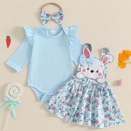 KtwHarnu Newborn Baby Girl Easter Outfit Ruffle Long Sleeve Romper Bunny Suspender Skirt Overall Dress Headband 3Pcs Set (B-Blue, 12-18 Months)