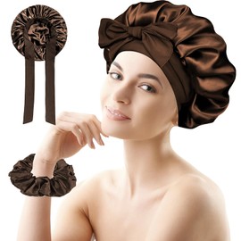 Dooyilets Satin Bonnet, Sleeping Silk Bonnet for Most Hair Types, Silk Bonnet with Elastic Band, Adjustable Satin Night Sleeping Cap for Sleeping, Skin Care, Cleaning, Makeup, etc (Brown)