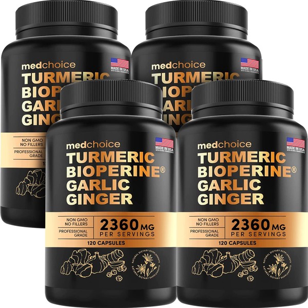 4-in-1 Turmeric and Ginger Supplement with Bioperine 2360 mg (120 ct) Turmeric Ginger Root Capsules with Garlic - Turmeric Curcumin with Black Pepper for Joint, Digestion & Immune Support (Pack of 4)