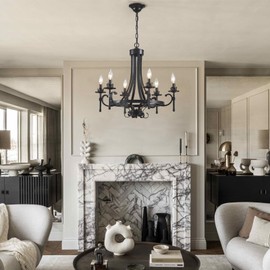 Modern Black Candle Chandelier, 6-Light Vintage Chandeliers for Dining Room Lighting Fixtures Hanging, Dining Light Fixtures Iron Metal Pendant Light Fixture for Bedroom Living Room Kitchen Foyer