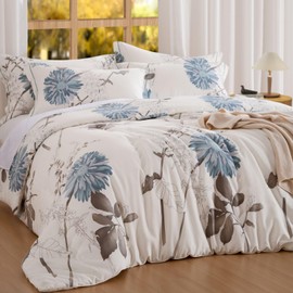 OIKETI Botanical Comforter Twin Size Set-100% Cotton Fabric, Brown Branches and Blue Flowers Off-White Bedding Set, Lightweight and Soft Comforter Set, 2 Pcs(1 Comforter and 1 Pillow Shams)