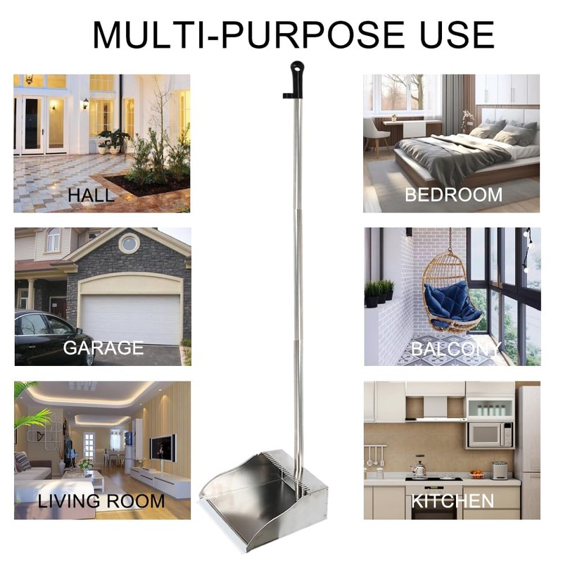 Metal Dustpan Long Handle Stainless Steel Dustpan,Heavy Duty Standing Dust
