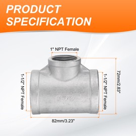 QUARKZMAN Tee-Rohrverschraubung (1" x 1-1/2" x 1-1/2") NPT-Weiblich 304 Edelstahl T-förmiger Reduzierer 3-Wege-T-Verbinder für industrielle Verbindungen von Wasser, Luft, Gas, Öl